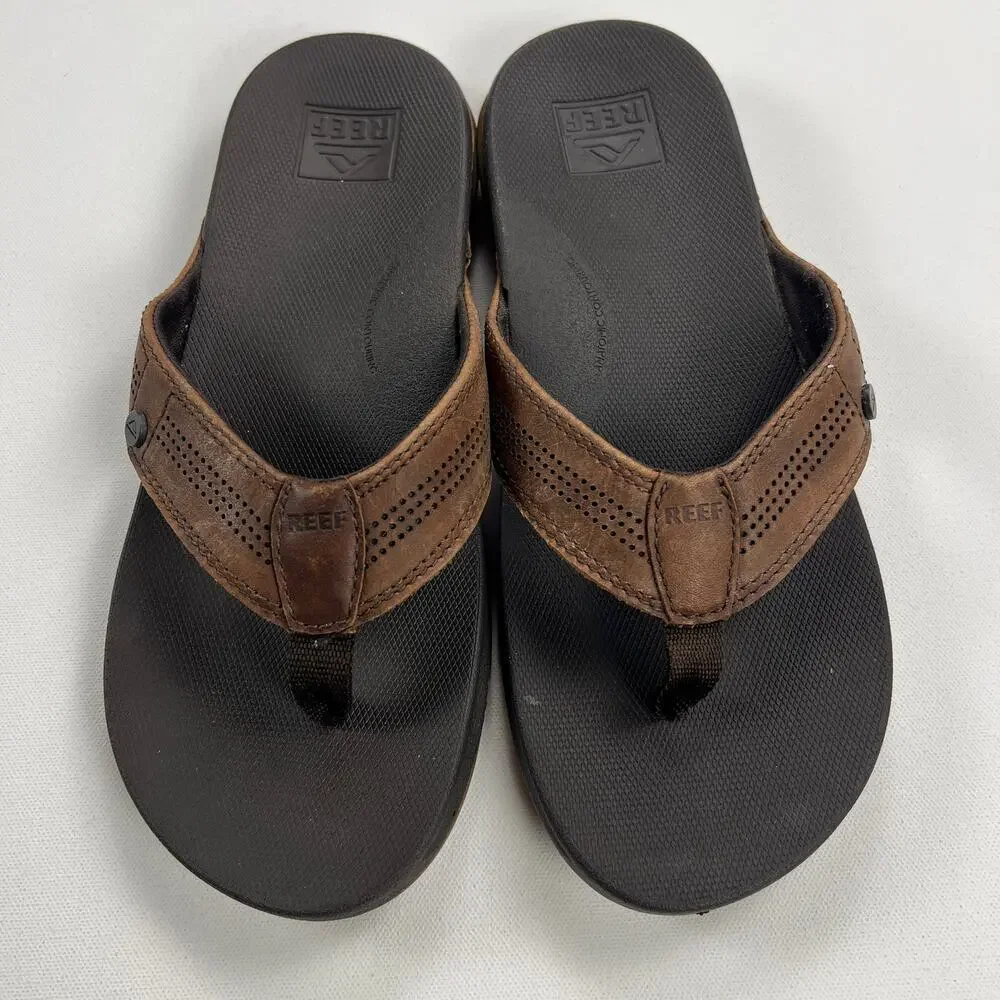 REEF Men's Brown Leather Flip Flop Sandals Anatomic Contouring Footbed Size 8